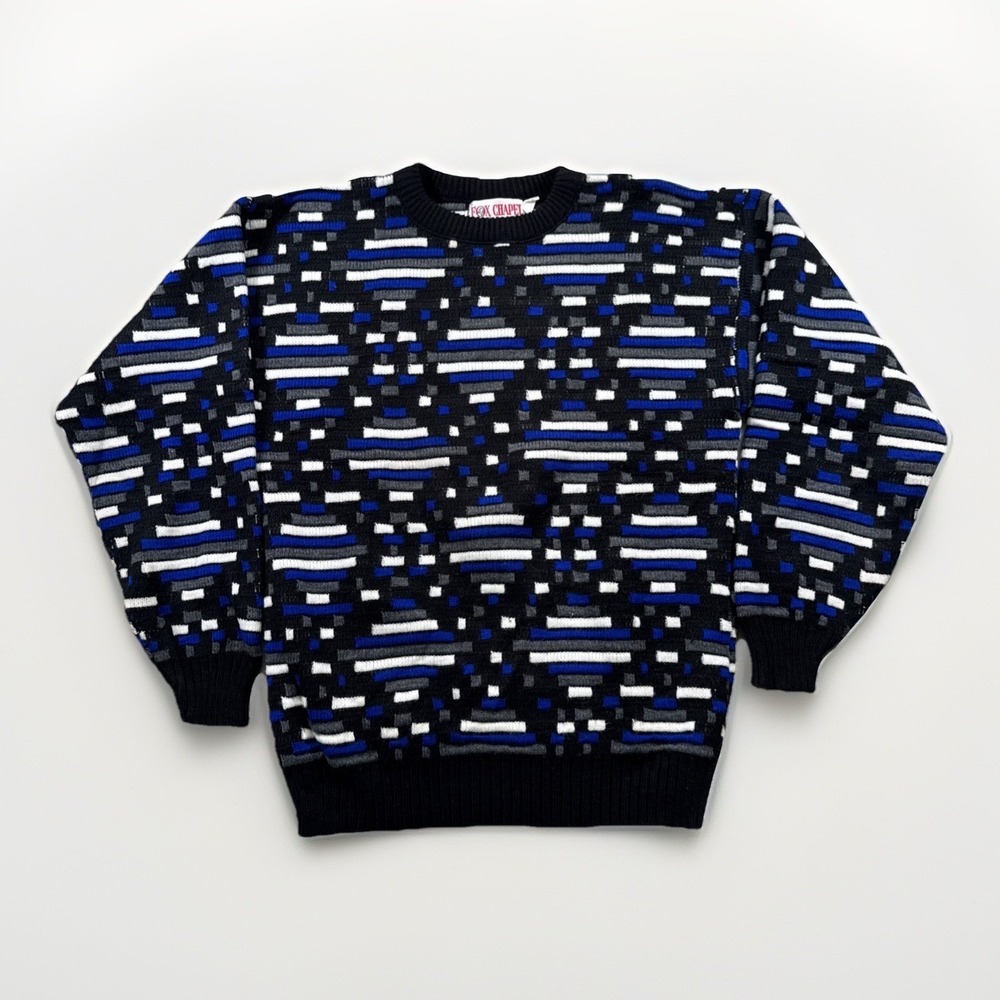 Vintage Fox Chapel Sweater Mens M Knit Acrylic Crewneck 90s Black Blue